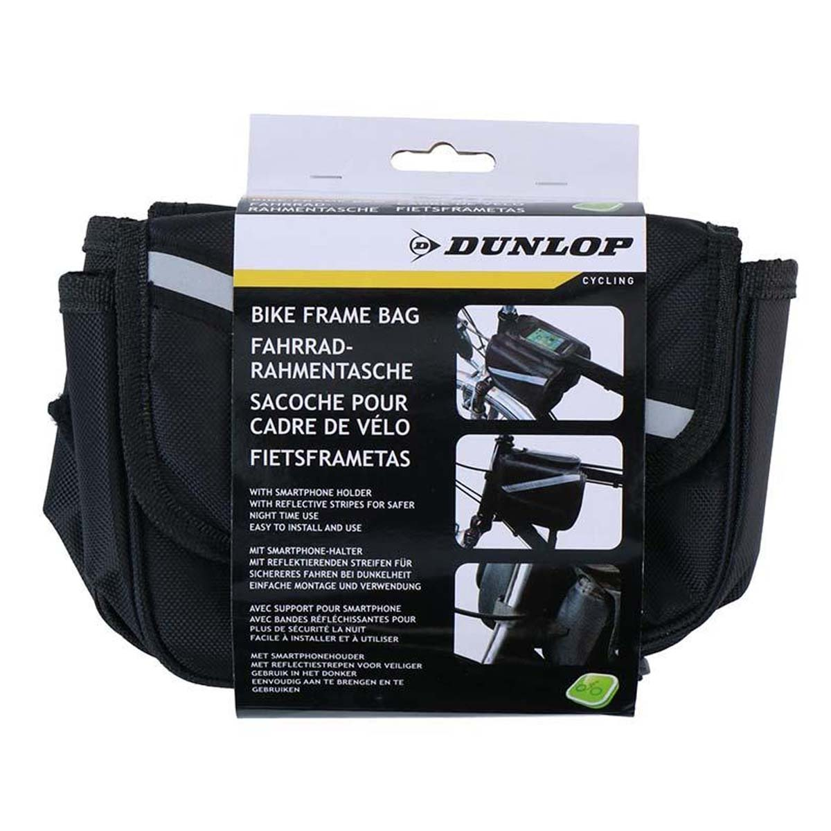 Schwarze Fahrradrahmentasche mit weißen reflektierenden Streifen. Text: Bike Frame Bag, Marke Dunlop.
