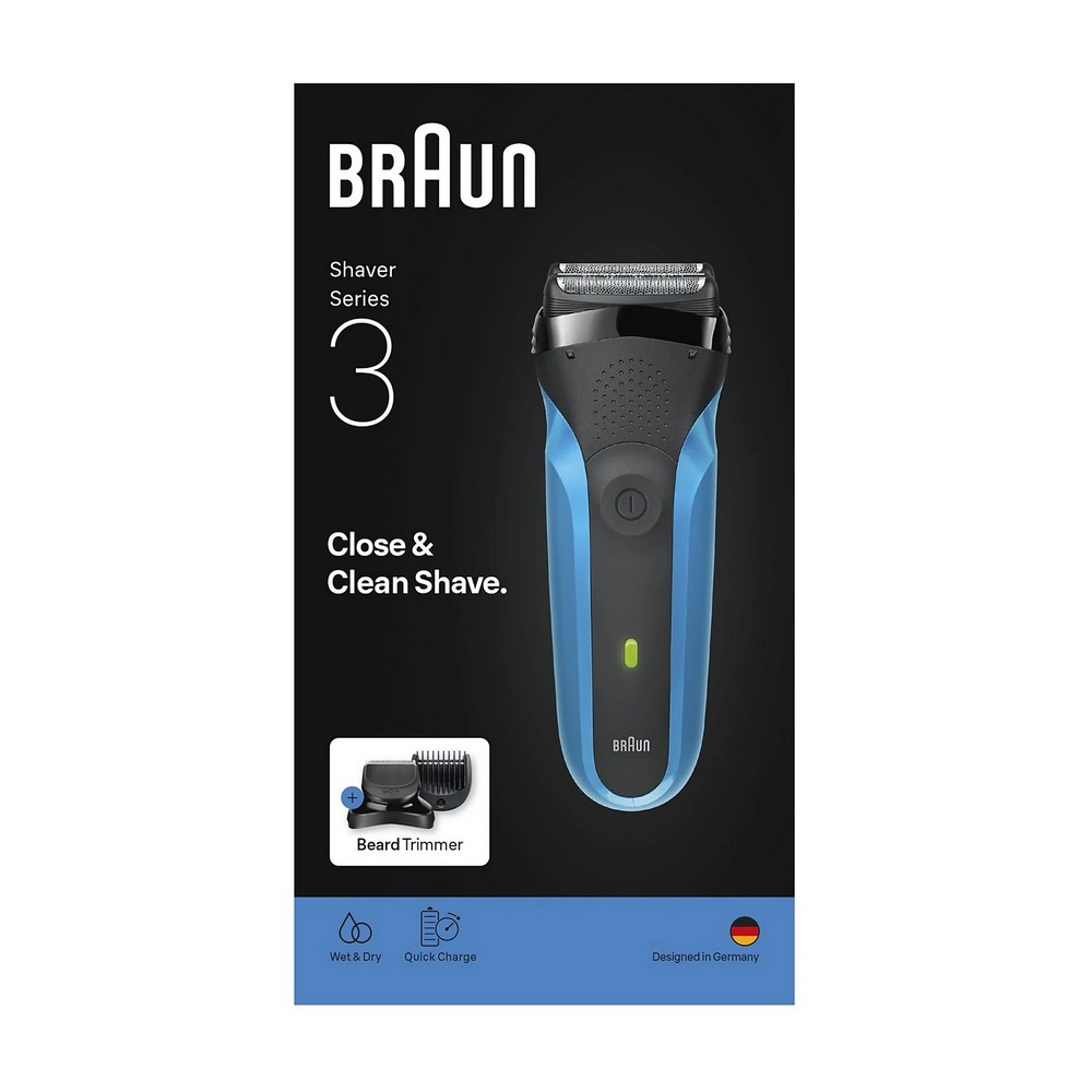 Afeitadora Braun Serie 3. Diseño negro y azul. Características 'Close & Clean Shave'. Incluye icono de recortadora de barba e iconos 'Wet & Dry' y 'Quick Charge'.
