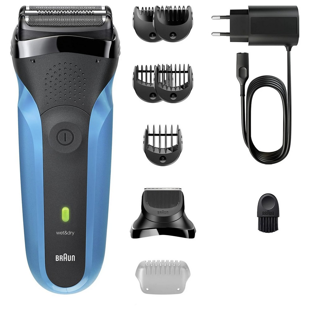 Afeitadora eléctrica con accesorios. Afeitadora azul y negra, varios accesorios recortadores, cargador y cepillo de limpieza. Marca: Braun.