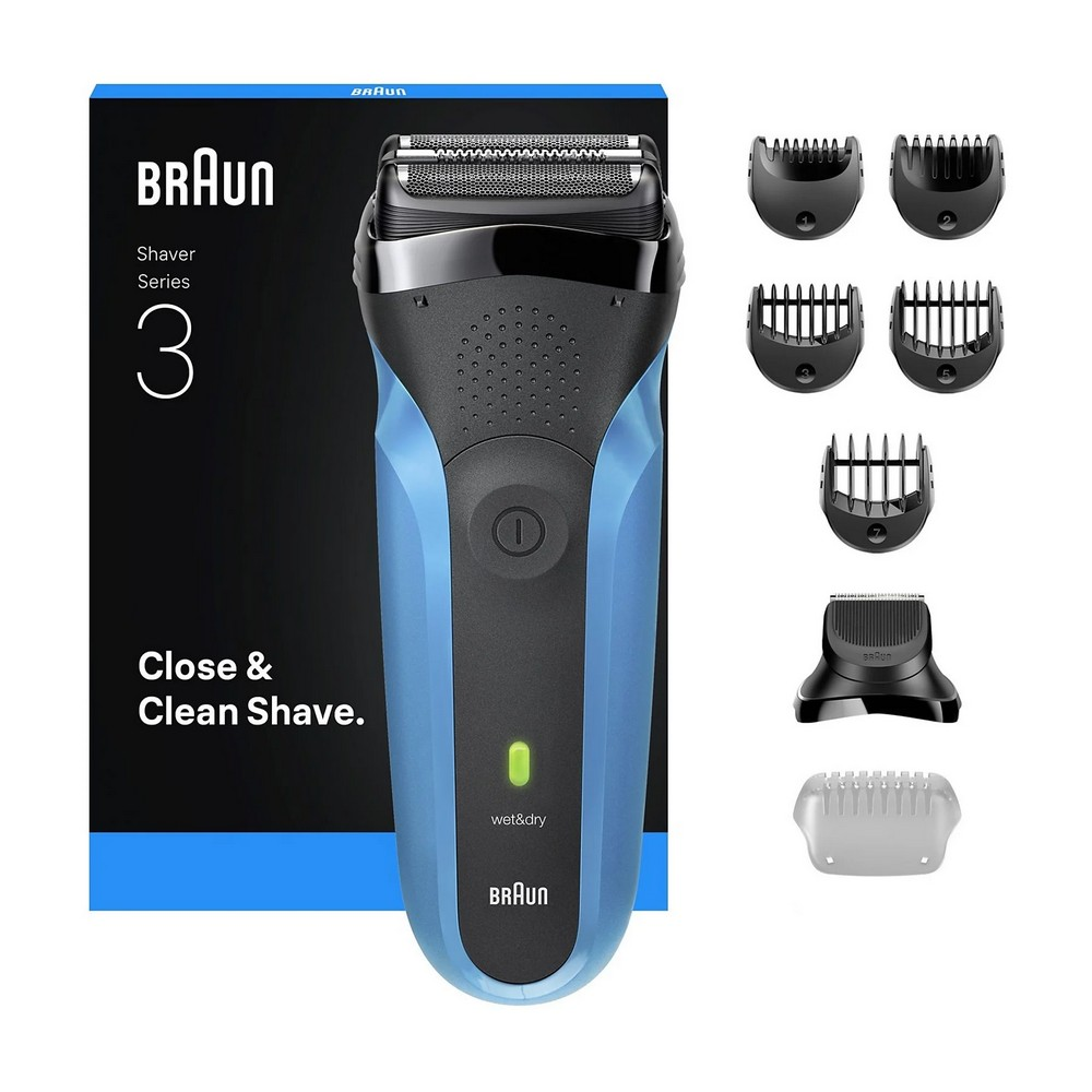 Una afeitadora eléctrica Braun Series 3 con varios accesorios. El paquete dice 'Close & Clean Shave'. La afeitadora es azul y negra.