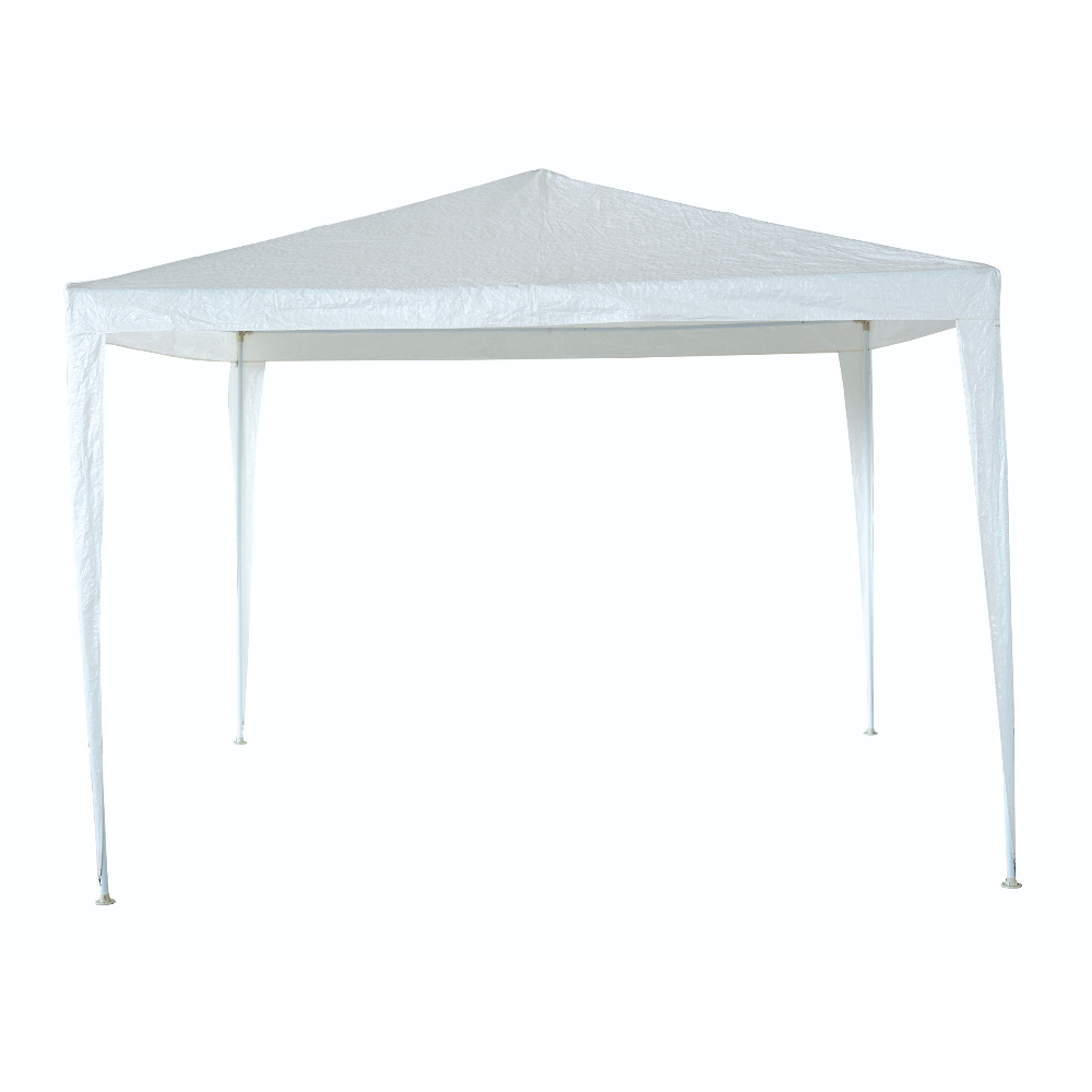 Un gazebo bianco su sfondo bianco. La tenda ha la parte superiore a punta e quattro gambe. La vista è frontale.
