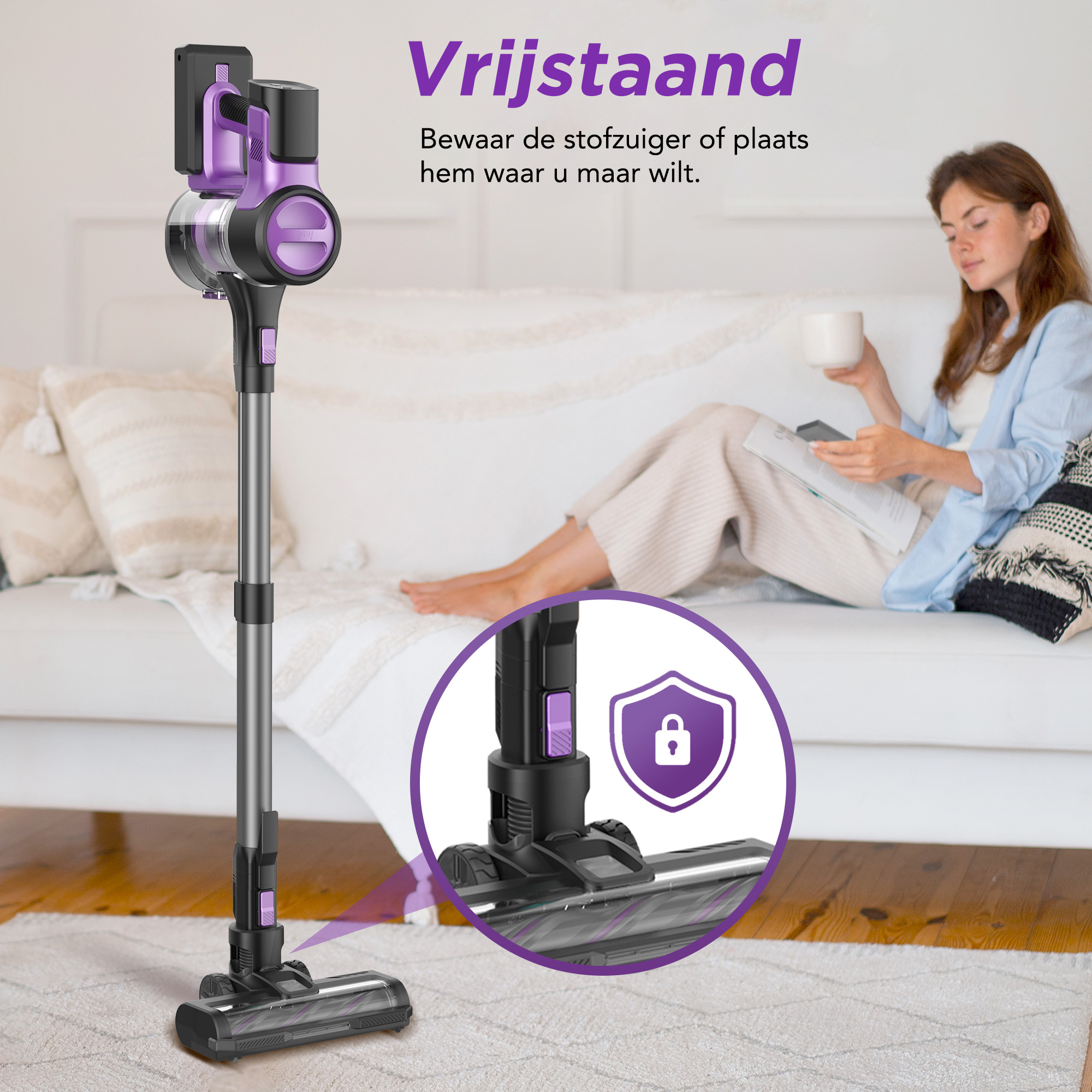 A woman sits on a sofa with a vacuum cleaner in the foreground. Vacuum cleaner is purple and gray.