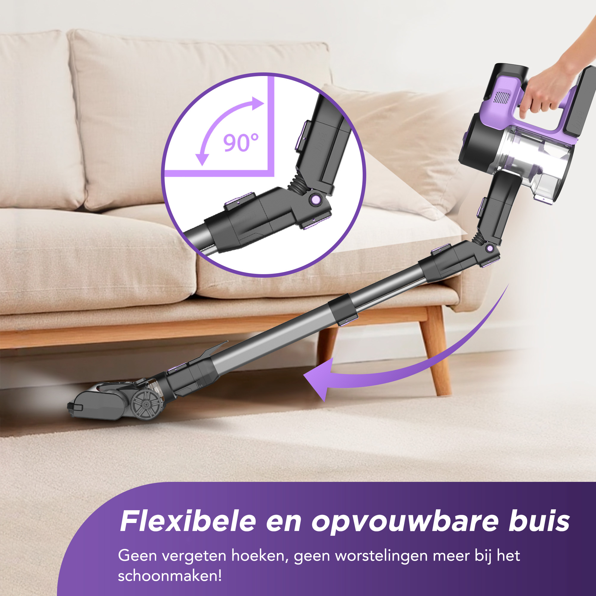 A hand holds a purple and black vacuum cleaner. The hose is flexible, shown with a purple arrow. Text says flexible hose.