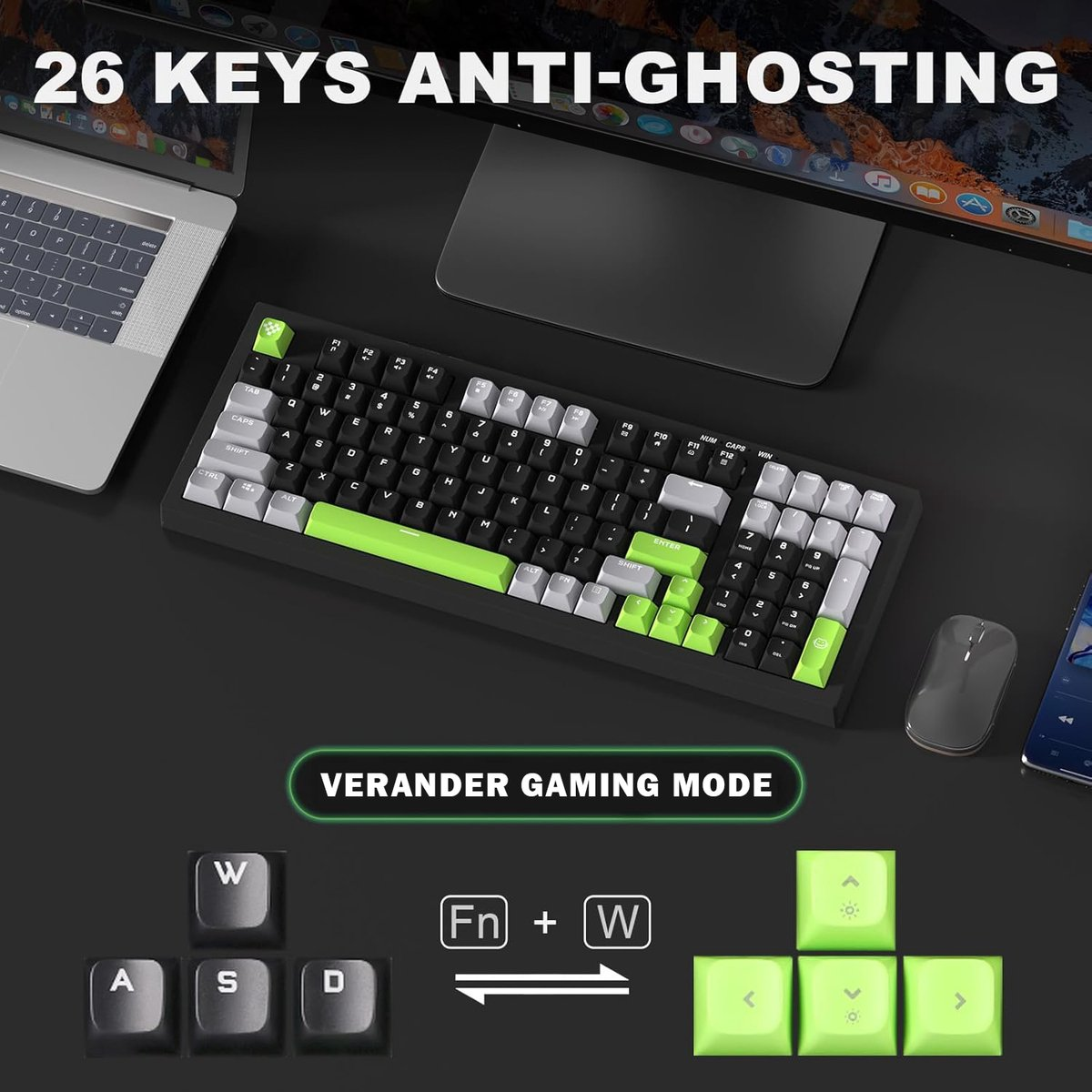 A keyboard with black keys and green highlights is displayed. The keyboard is on a desk with a laptop and a monitor.