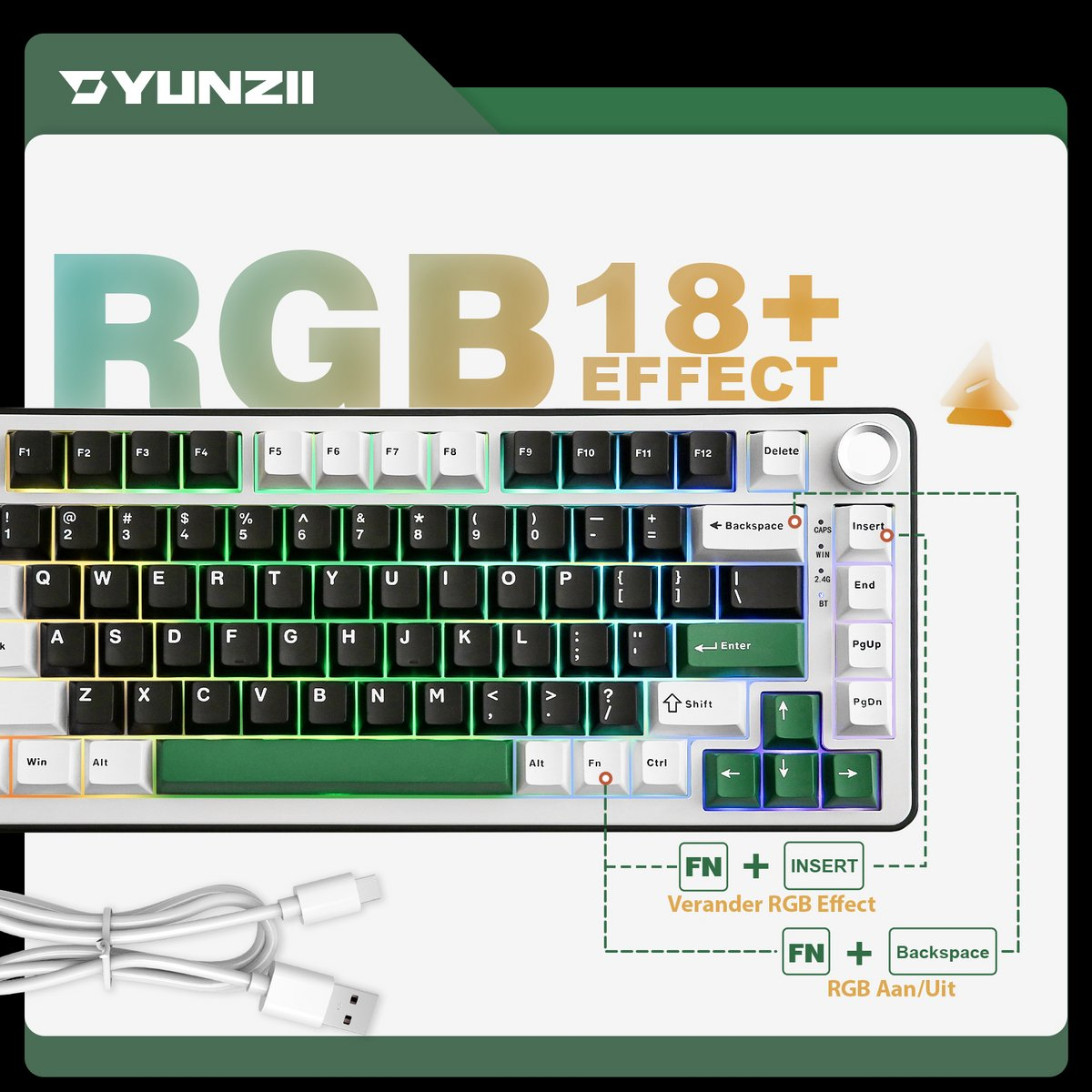 Un clavier blanc et noir avec des touches vertes et éclairage RGB, câble USB et détails du produit.