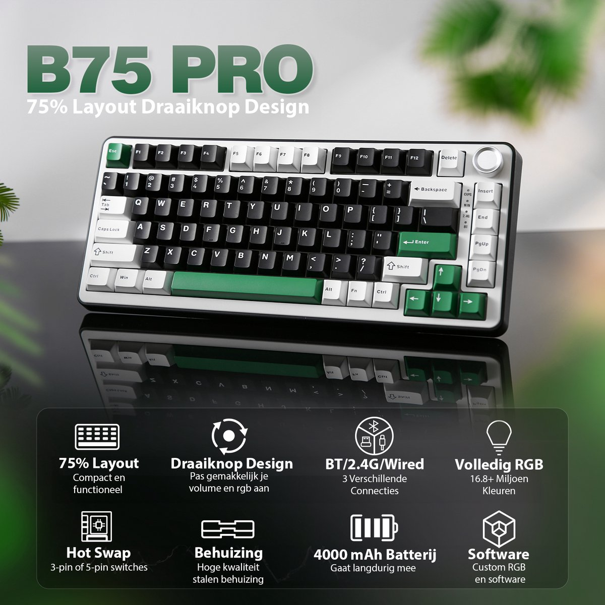 Un clavier mécanique blanc et vert sur une surface réfléchissante. Comprend des touches, des boutons et des détails du produit.