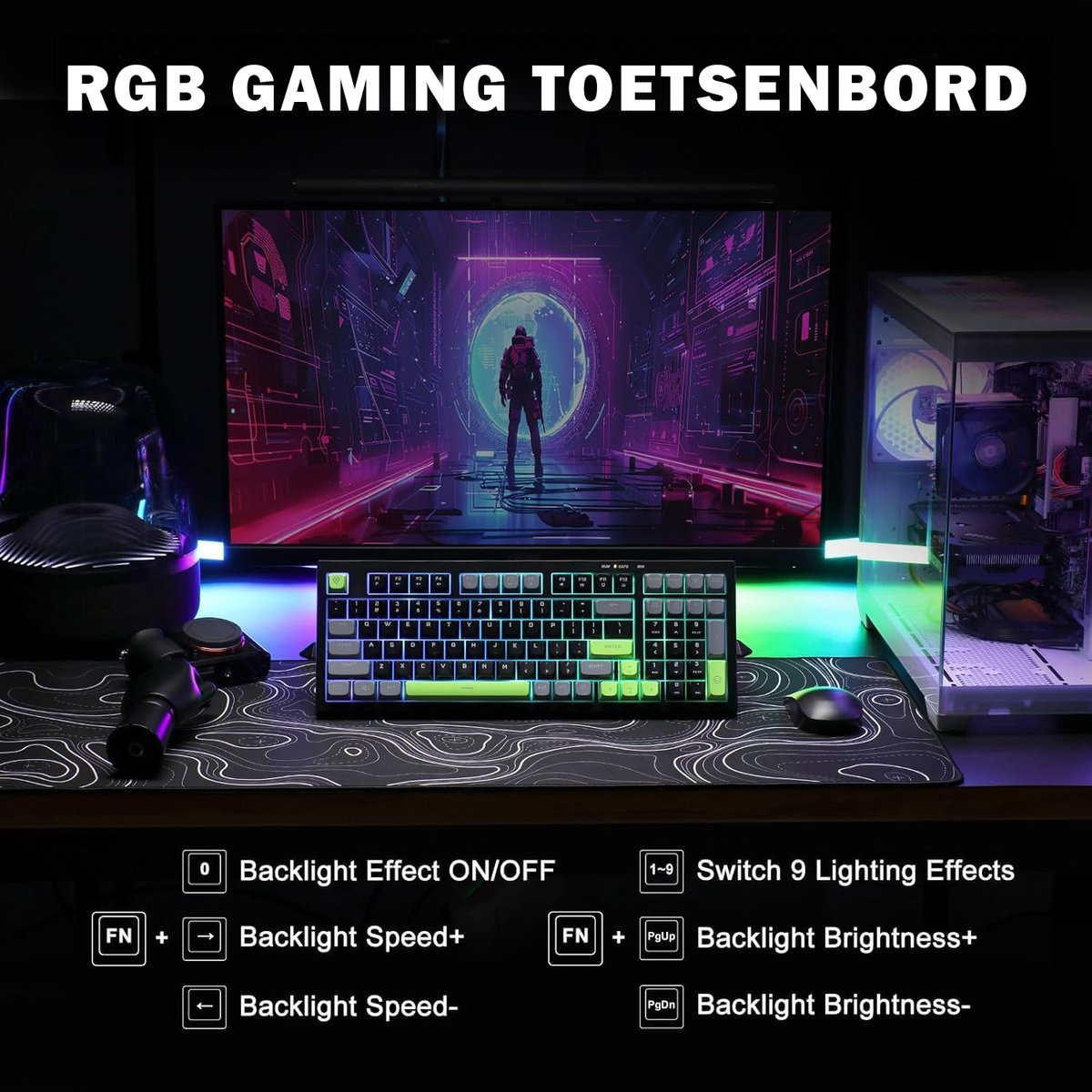 A gaming keyboard with RGB backlighting sits on a desk. A monitor shows a futuristic scene. Controls for lighting effects are displayed.