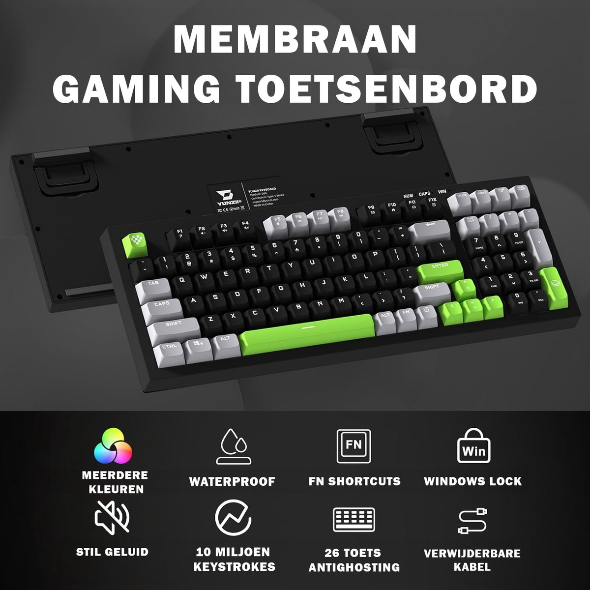 Black gaming keyboard with white and green keys. Features include multiple colors, waterproof, and FN shortcuts.