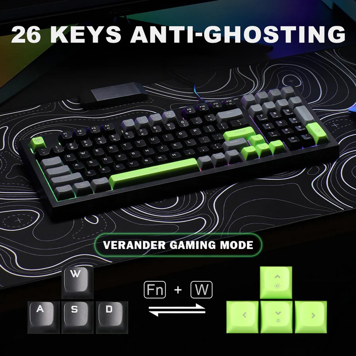 A gaming keyboard with green and gray keys sits on a map-patterned mat. Text reads '26 KEYS ANTI-GHOSTING' and 'VERANDER GAMING MODE'.