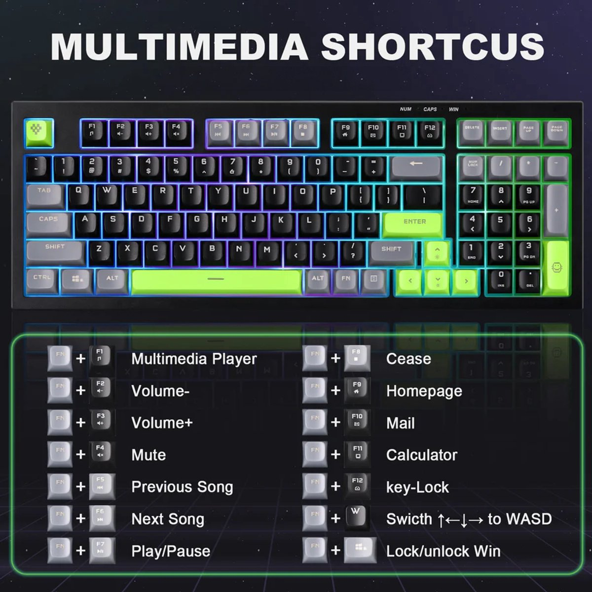 Black keyboard with green accents, labeled with multimedia shortcuts, and function keys.