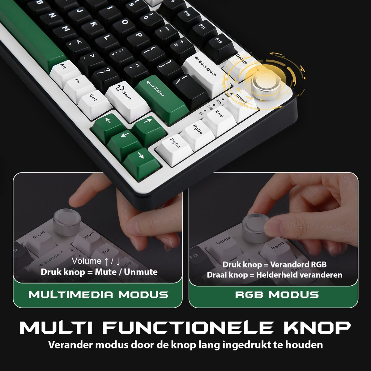 Gros plan sur un clavier avec des touches blanches et vertes et un bouton rotatif argenté. Le texte indique les modes multimédia et RVB.