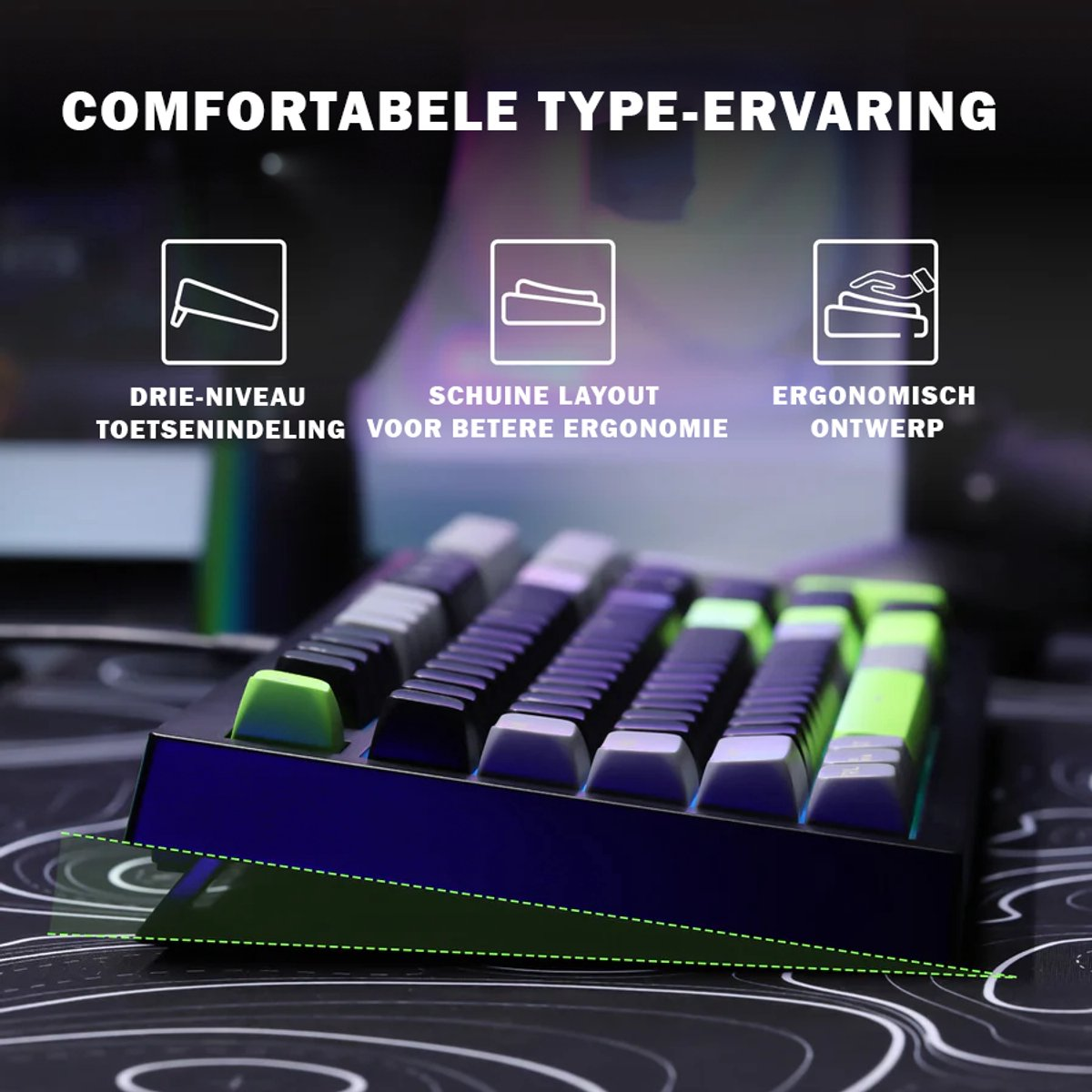 A close-up of a black keyboard with green and gray keys. The background shows text about ergonomic design.