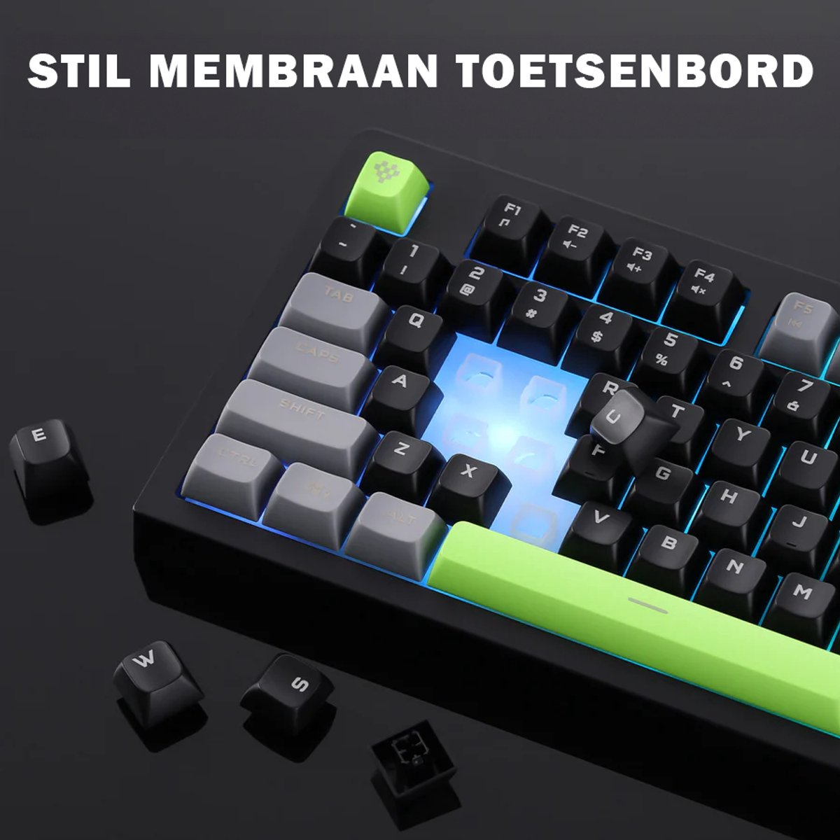 A close-up of a mechanical keyboard with removed and replaced keys, some floating. Green and gray keys are visible.