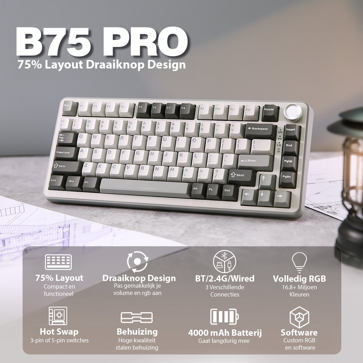 Un clavier B75 Pro blanc et gris avec touches de fonction et bouton de volume, avec une disposition à 75 % et un éclairage RVB.