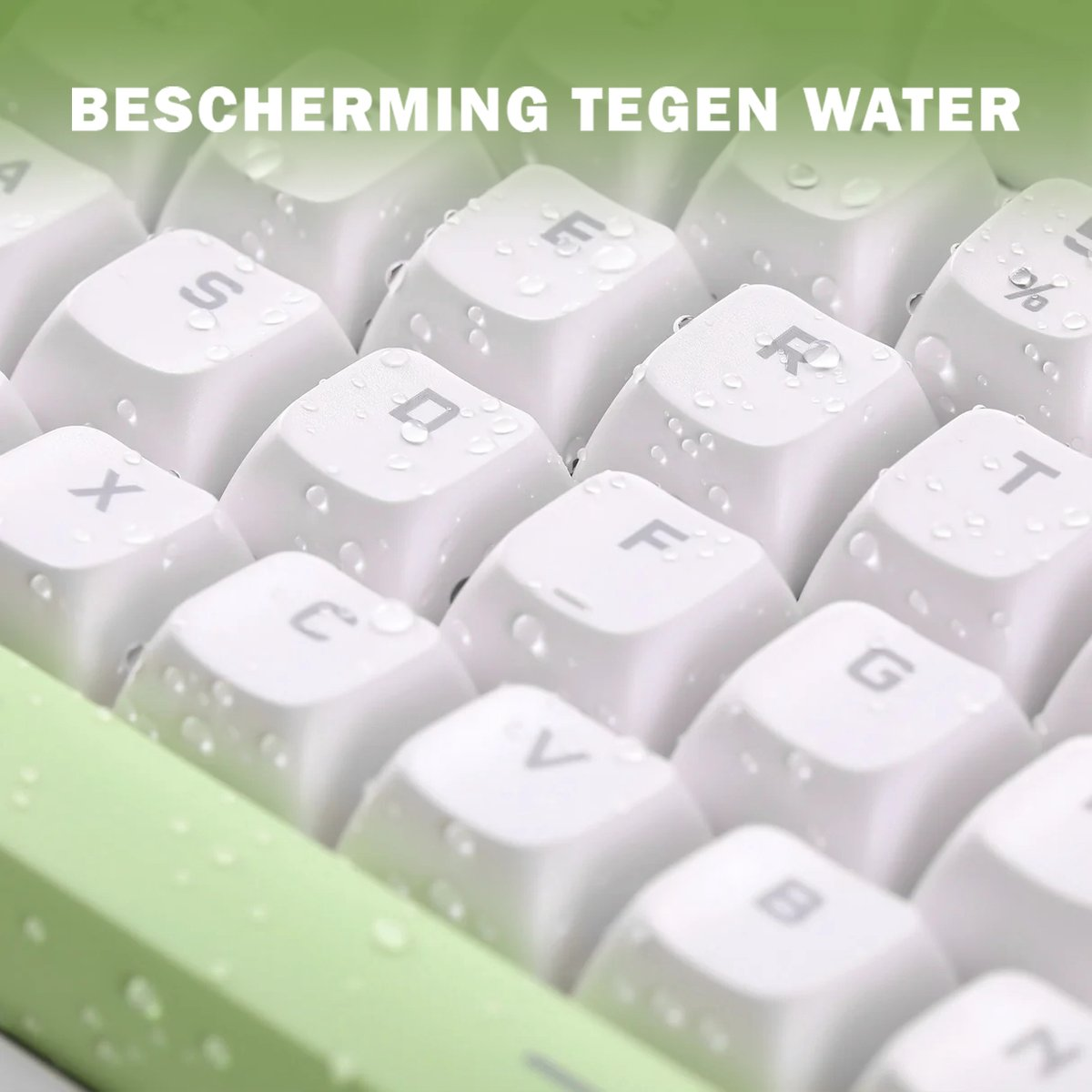 Close-up of a white keyboard with water droplets. Letters and symbols are visible on the keys. Green strip at the bottom. Text at the top.