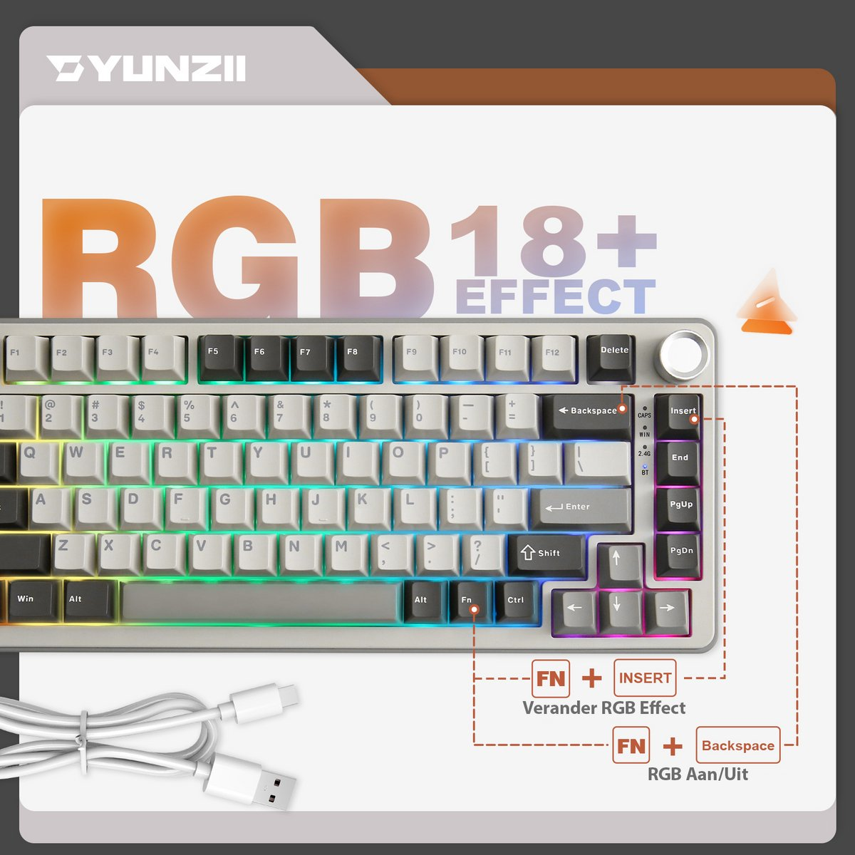 Clavier blanc avec éclairage RVB, câble USB et touches de fonction avec étiquettes. L'image affiche également du texte et des schémas.