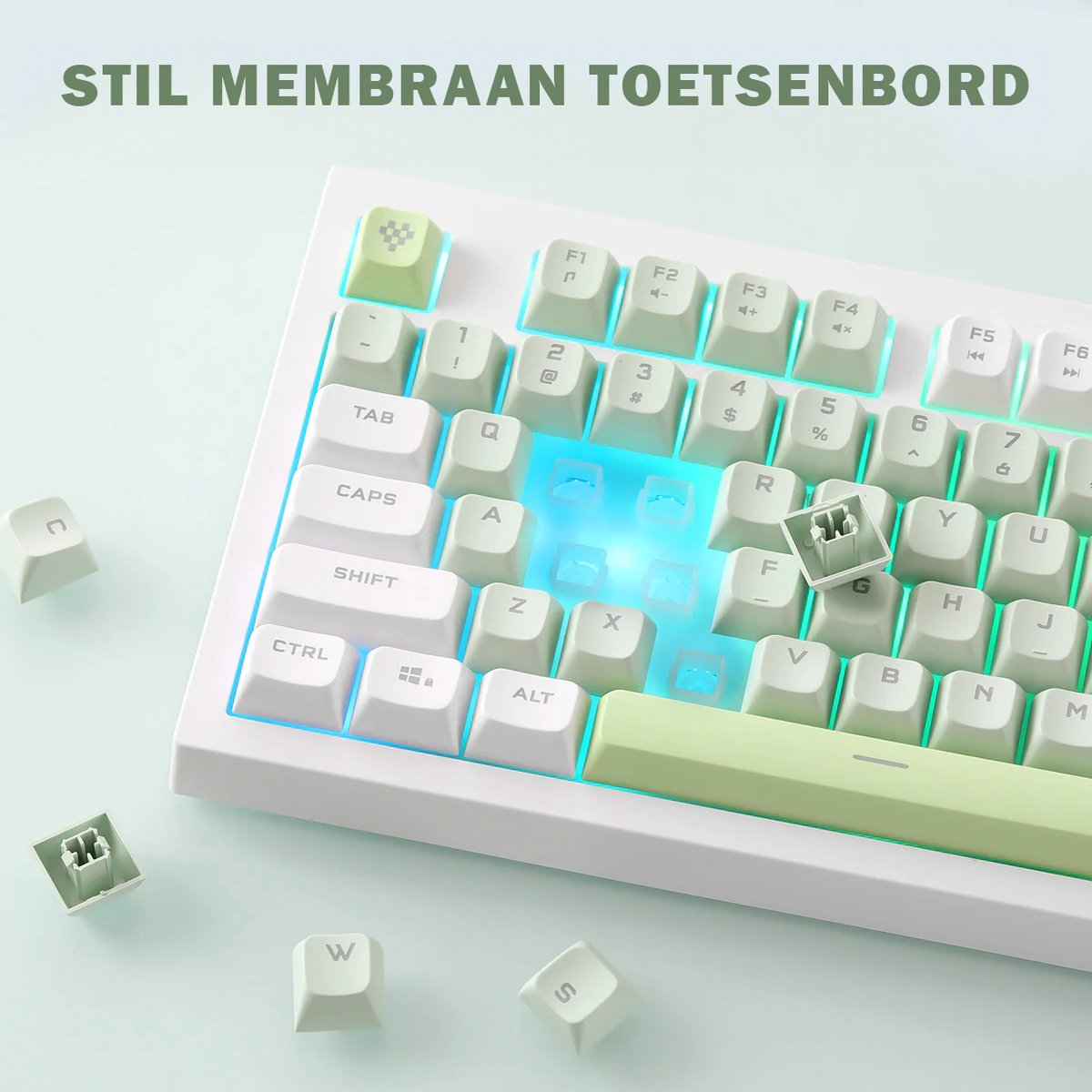 White mechanical keyboard with green accents. Several keys are detached. Blue light emanates from beneath the keys.