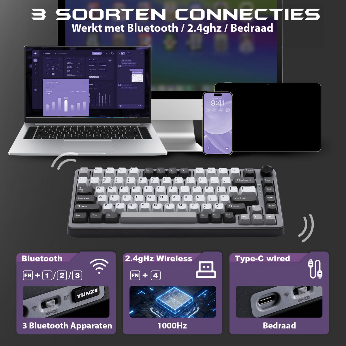 Een toetsenbord met een laptop, tablet en telefoon, met Bluetooth, 2,4 GHz draadloze en Type-C bedrade verbindingen.
