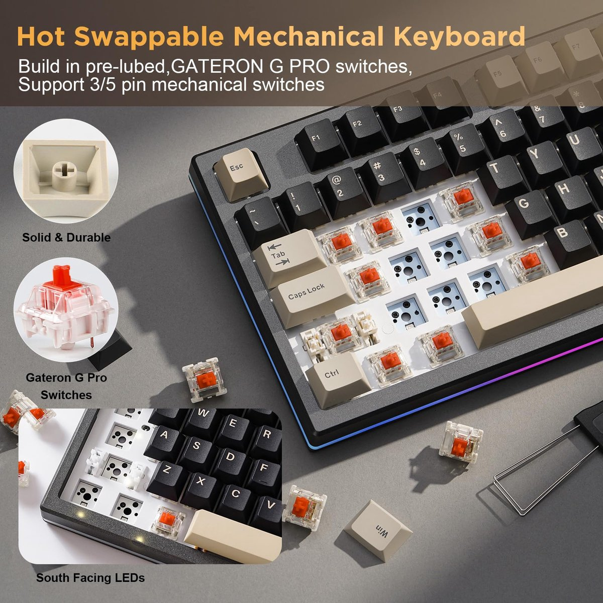 A disassembled mechanical keyboard with visible switches, keycaps, and a keycap puller. Gateron G Pro switches are also displayed.