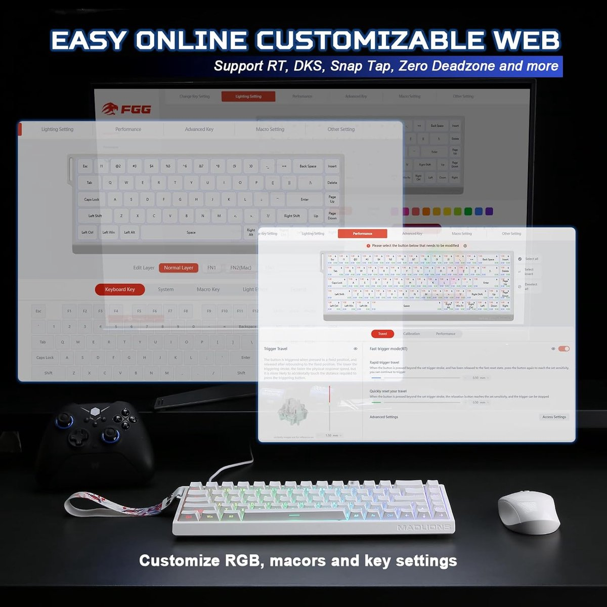 Una tastiera con luci RGB, un mouse e un gamepad sono su una scrivania con uno schermo che mostra le impostazioni.
