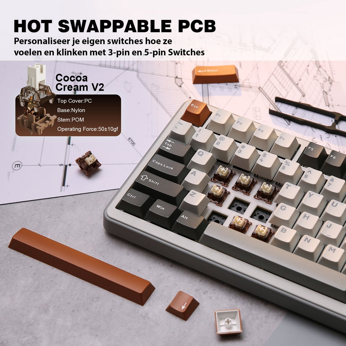 Un clavier avec des commutateurs interchangeables, des touches et un extracteur de touches. Des commutateurs Cocoa Cream V2 sont visibles, ainsi que des touches de rechange.