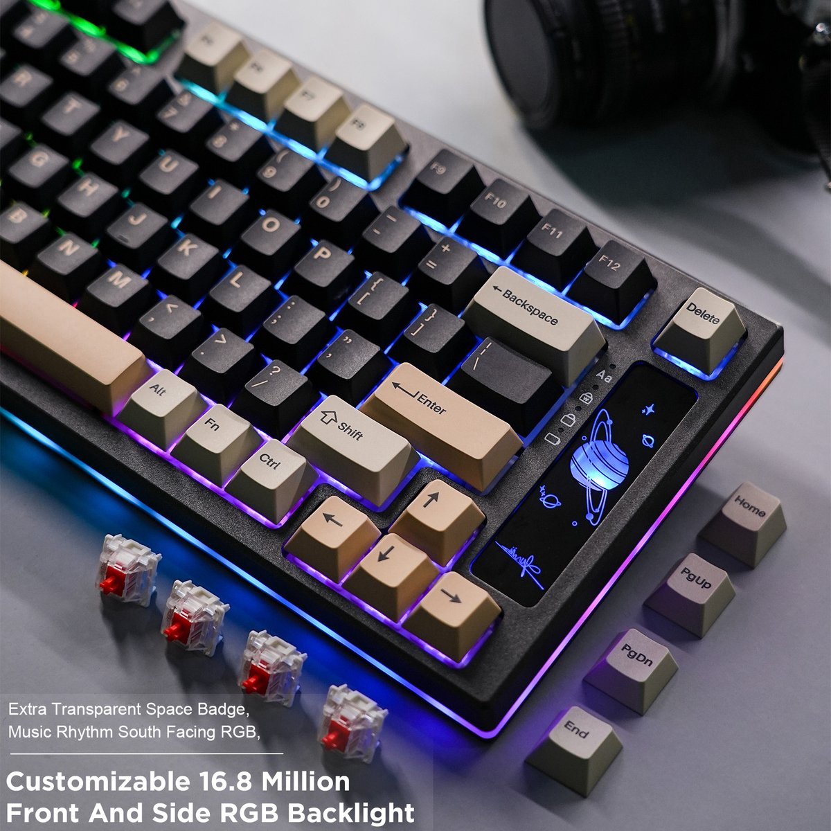 A close-up of a mechanical keyboard with black and beige keys, RGB lighting, and extra transparent space badge.