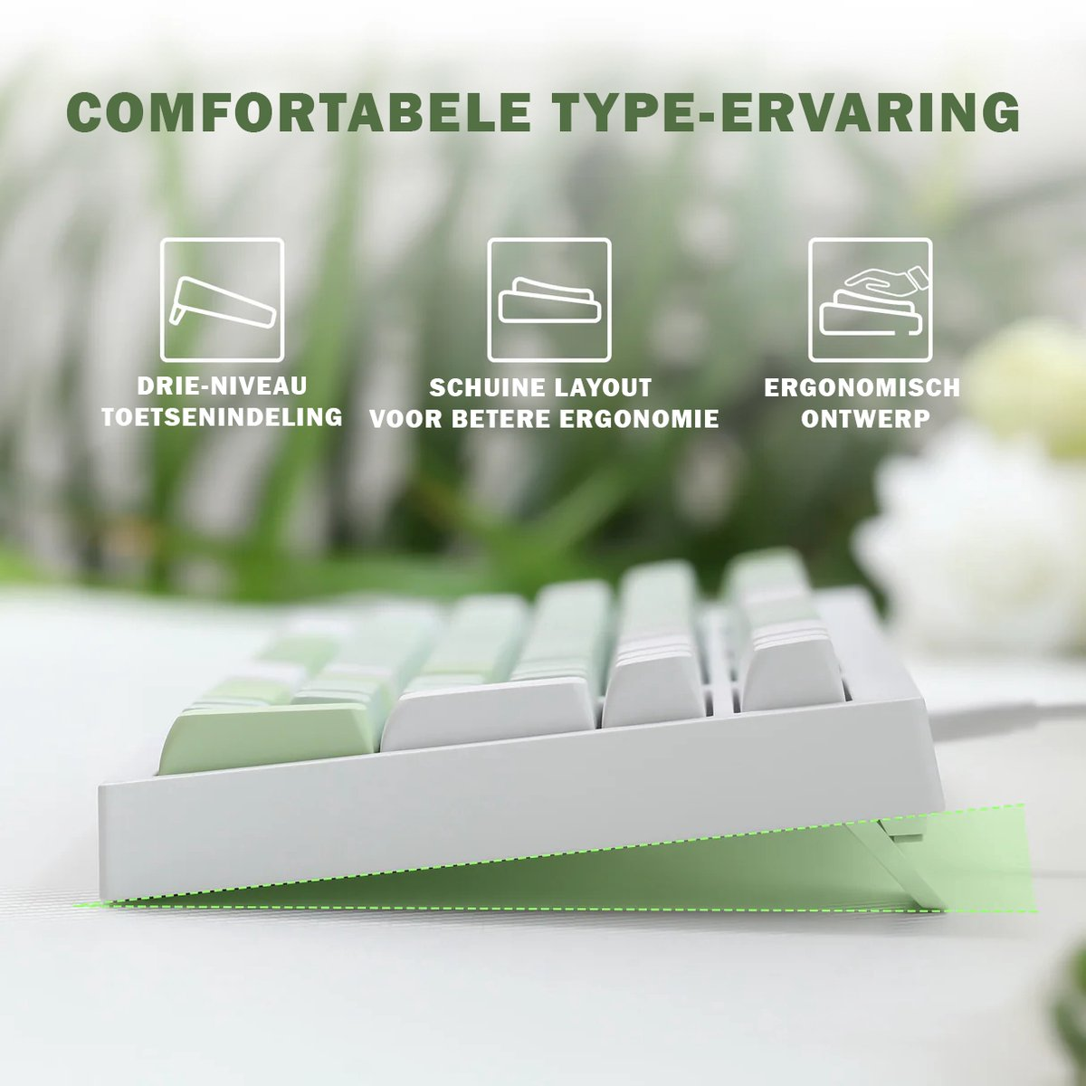 A white and green keyboard is tilted upwards, highlighting its ergonomic design. Text above indicates comfortable typing experience and features.