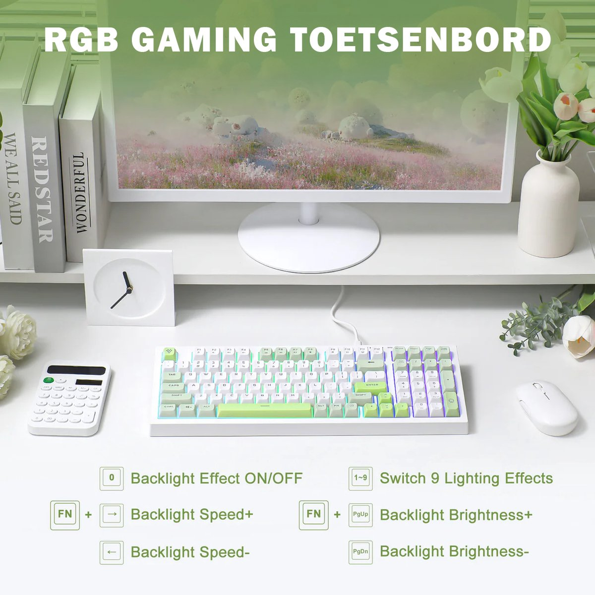 A white keyboard with RGB lights, a monitor, books, a clock, and a mouse on a desk. Text says 'RGB gaming toetsenbord'.