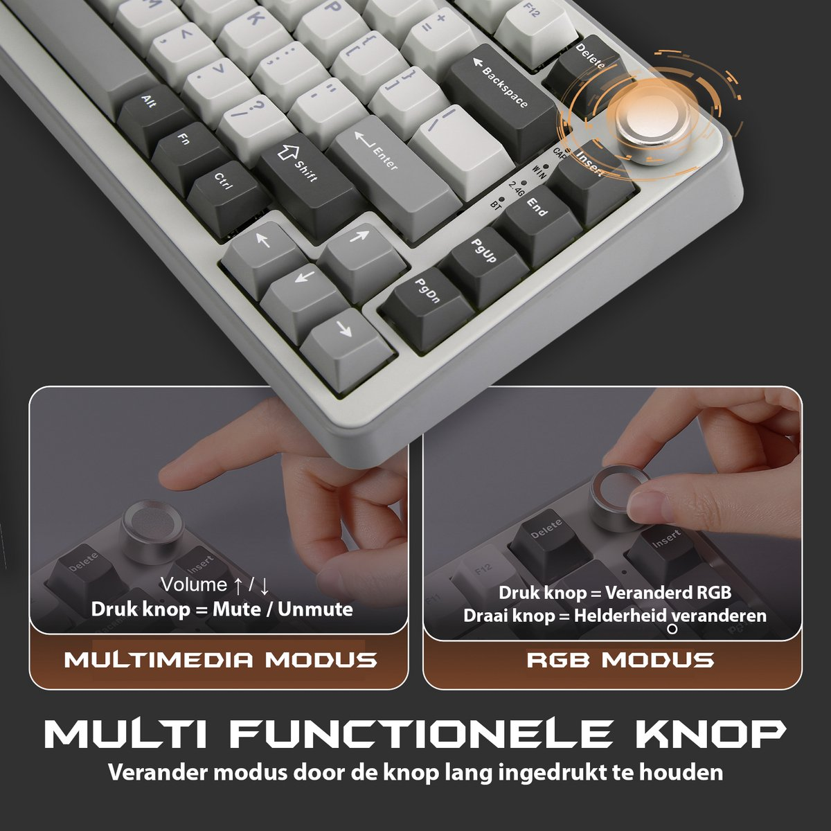 Gros plan sur un clavier mécanique blanc et gris avec un bouton multifonctionnel. Détails et fonctions expliqués.