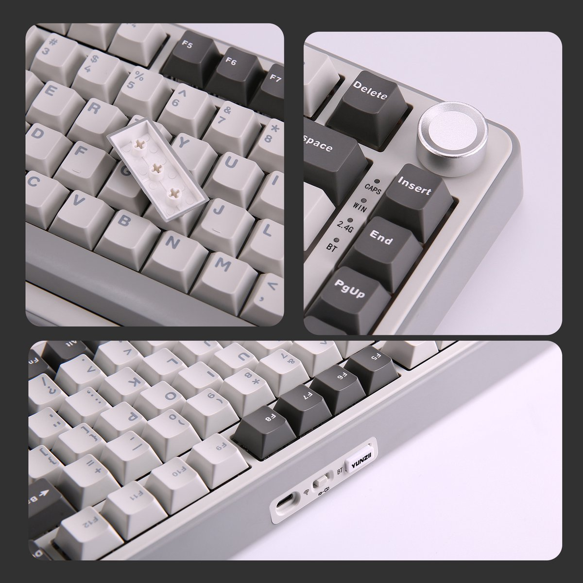 Un clavier mécanique gris avec des touches blanches et grises. Détails : un bouton, des touches de fonction et un extracteur de touches.