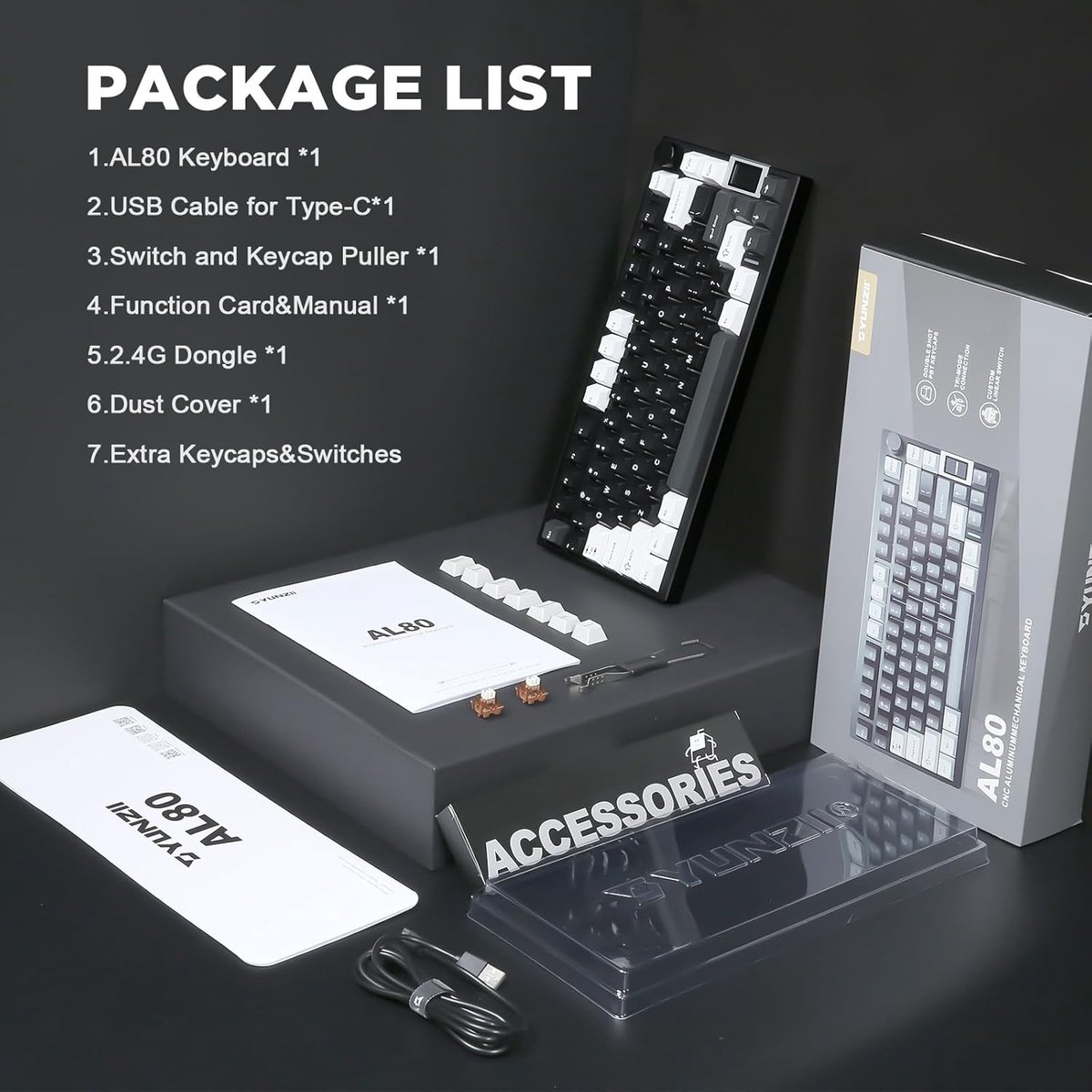 A package list of a mechanical keyboard AL80, including keyboard, USB cable, keycap puller, manual, dongle, dust cover, and extra switches.