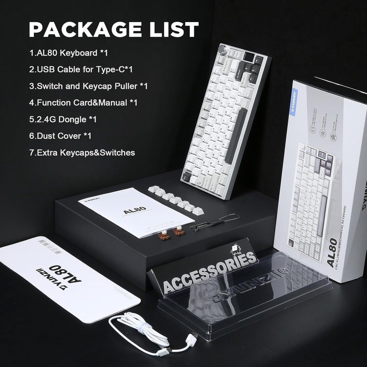 A package list of a keyboard. Includes a keyboard, cable, keycap puller, manual, dongle, dust cover, and extra keycaps.
