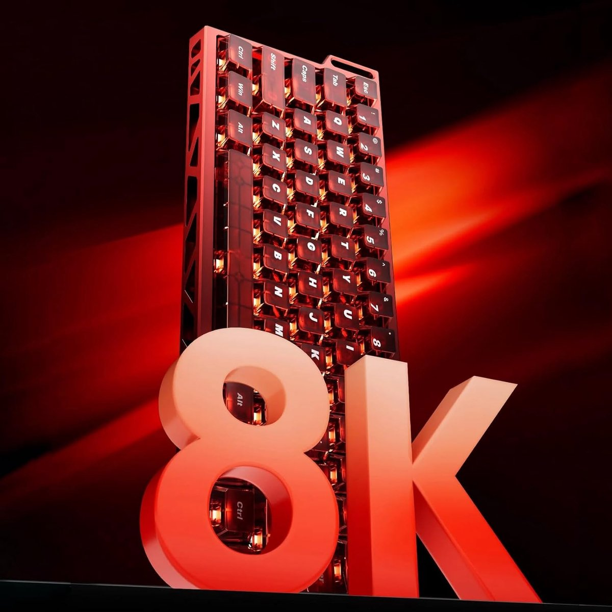 A red-themed keyboard with illuminated keys, the number '8' and the letter 'K' in front, all against a red background.