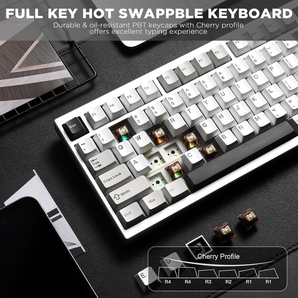 White keyboard with removed keys revealing brown and green switches. Black background, Cherry profile diagram at the bottom.