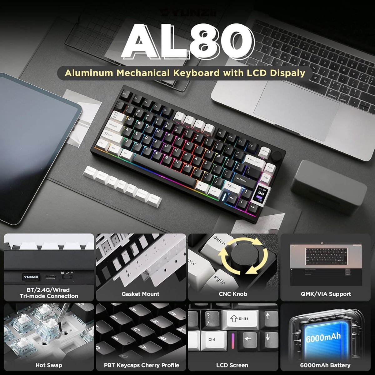 Black AL80 mechanical keyboard, with a laptop and tablet in the background. Features include a knob, LCD, and hot-swap keys.