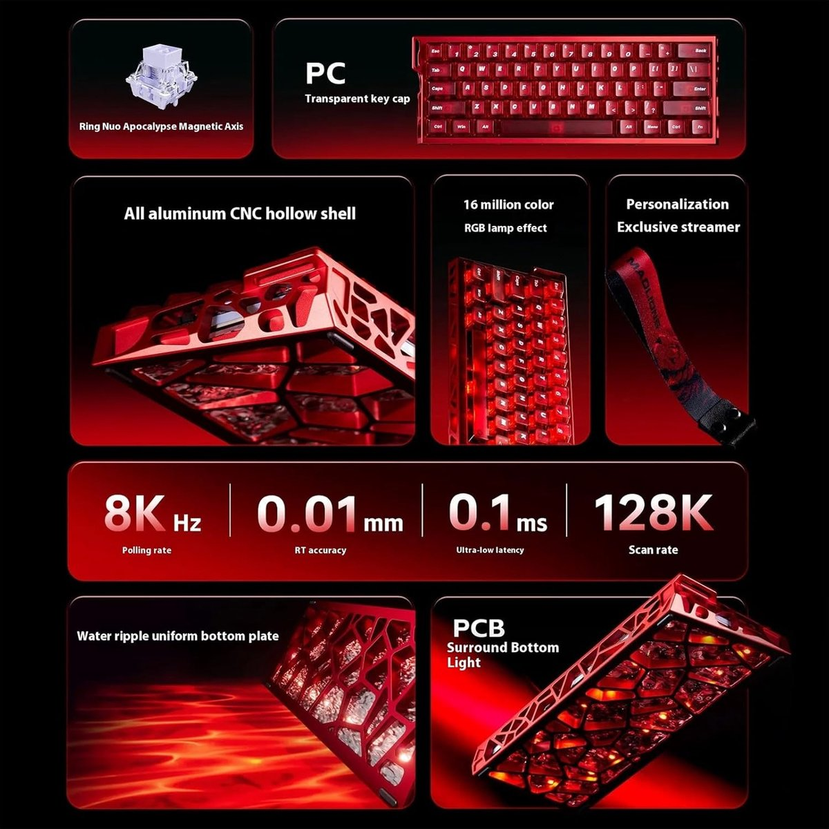A red keyboard with transparent keycaps, aluminum shell, and RGB lighting. Features include 8K Hz polling rate and exclusive streamer.