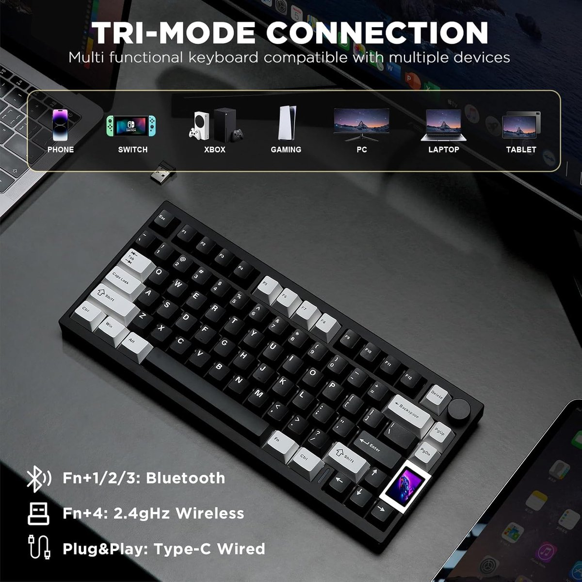 A black keyboard with white keys is placed on a dark surface, with icons for different devices in the background.
