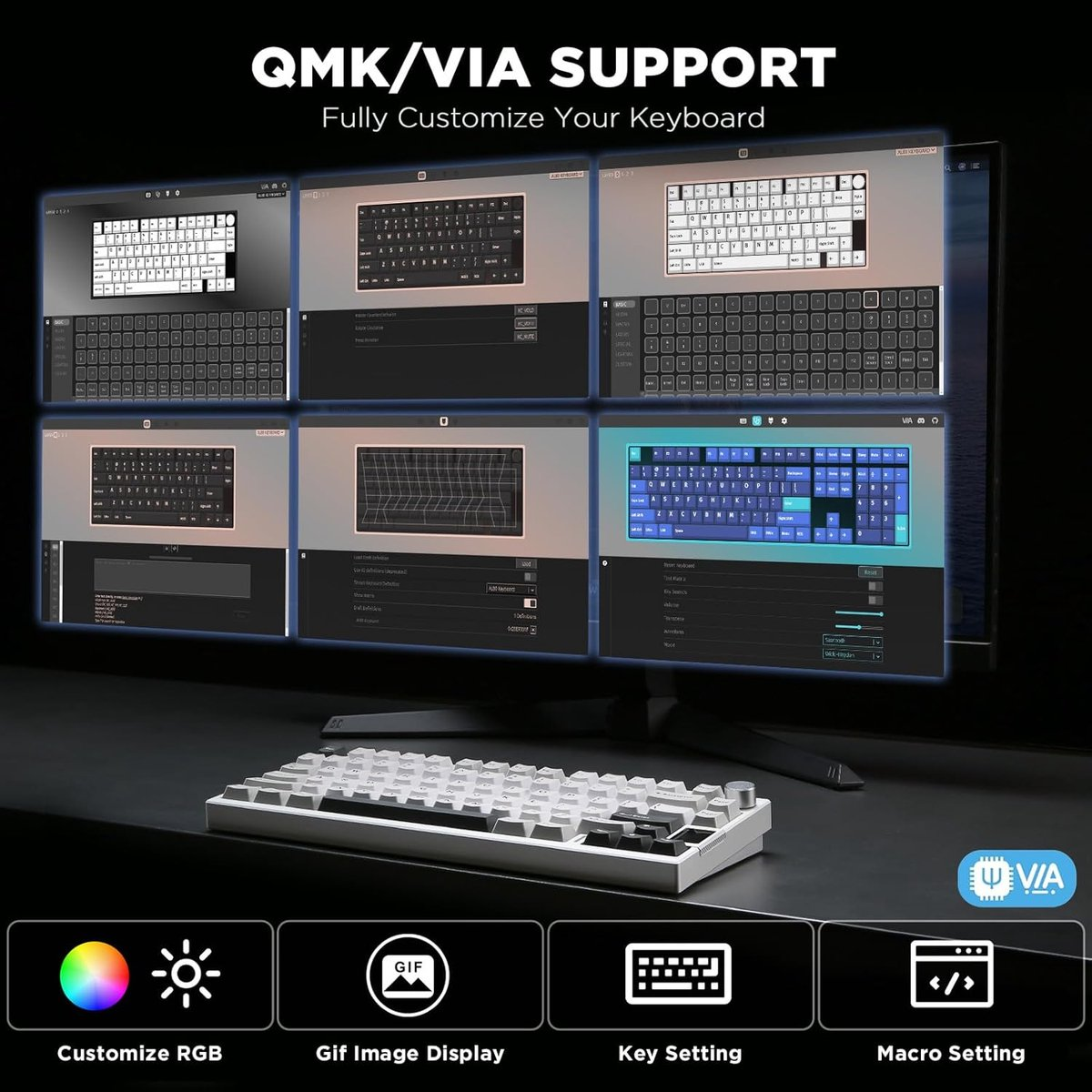 A white keyboard is on a desk. A monitor shows keyboard customization options. Icons for RGB, GIF, key and macro settings are below.