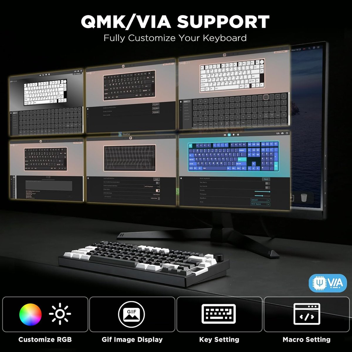 A computer monitor shows keyboard customization options. A keyboard sits below. Icons for RGB, GIF, key setting, and macro setting are present.
