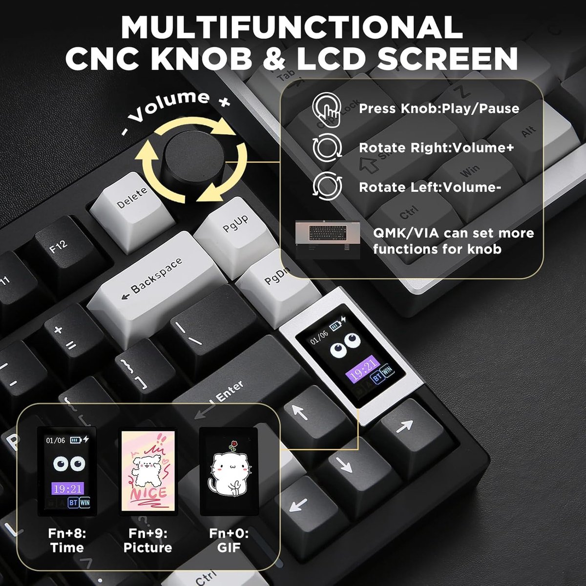 A keyboard with a knob and LCD screen. Keys include Delete, Backspace, Enter, and function keys.
