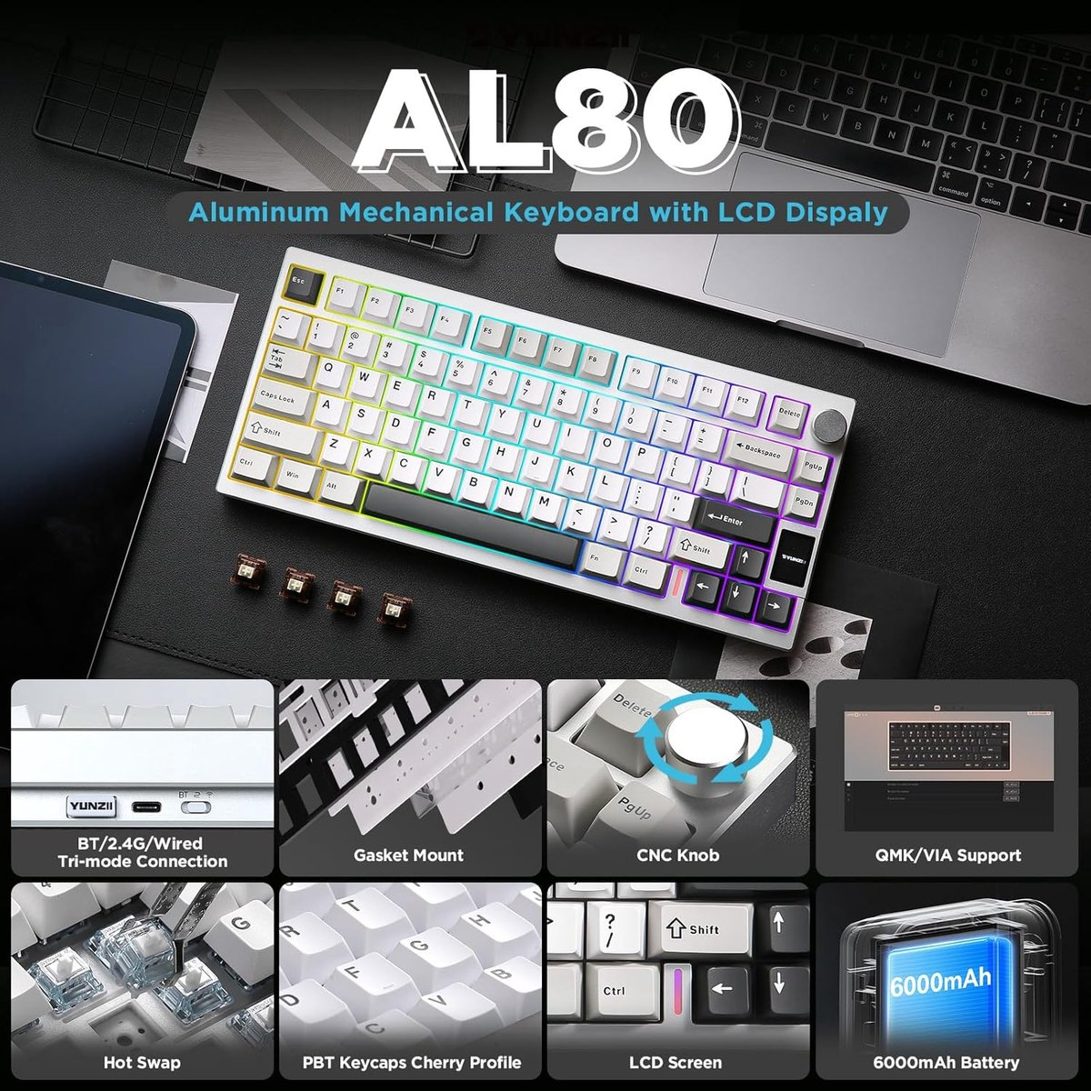 White mechanical keyboard with rainbow lighting, and various feature icons. A laptop and tablet are also in the frame.