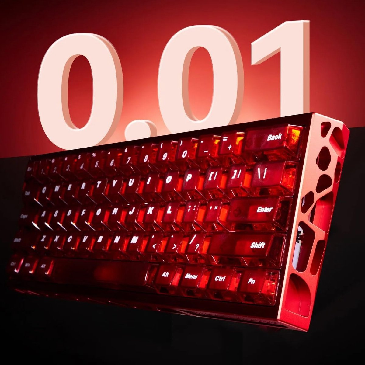 A red keyboard with white keys and a white number 0.01 above it. The keyboard is lit with red light.