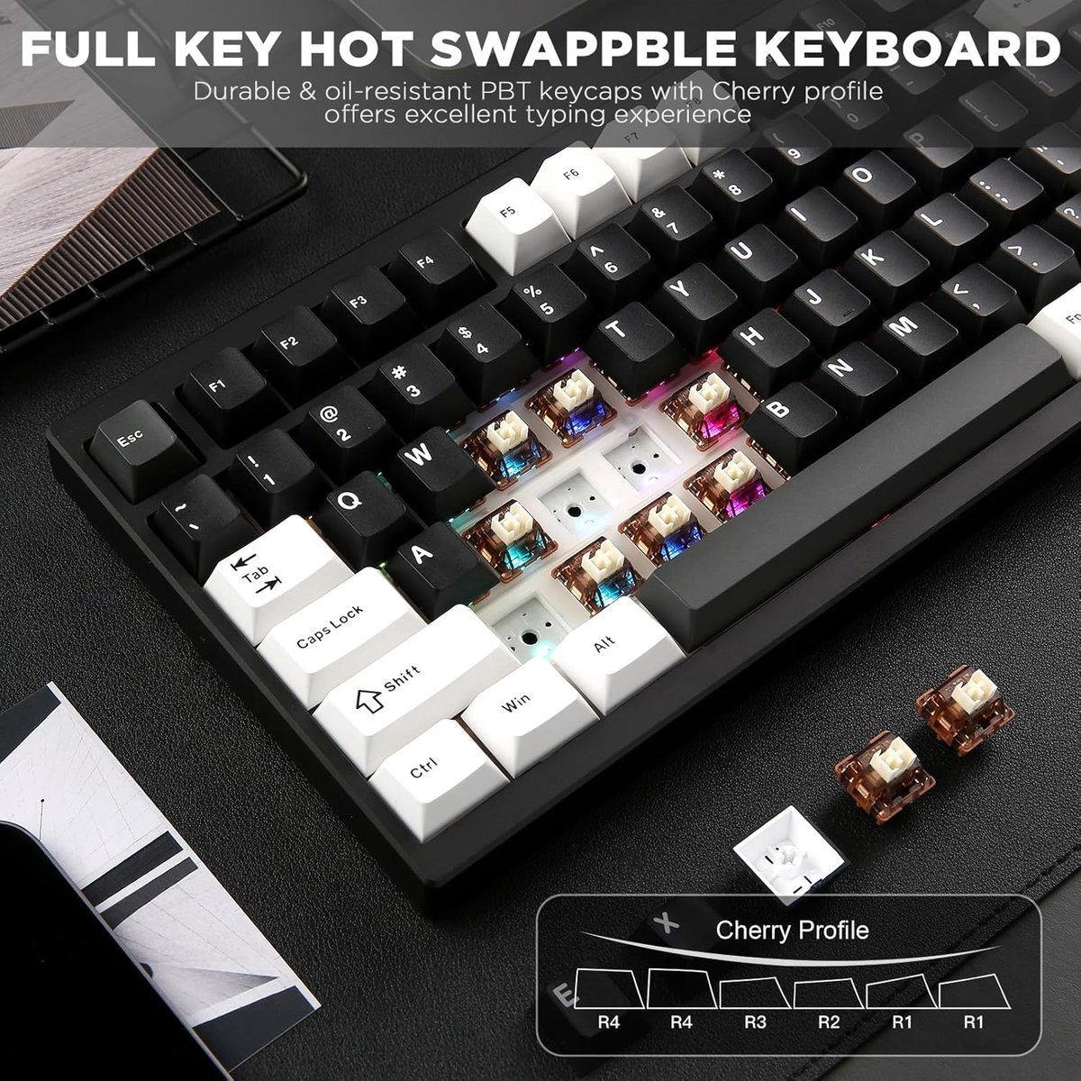 A close-up of a mechanical keyboard with keycaps removed, showing switches and components, plus extra keycaps.