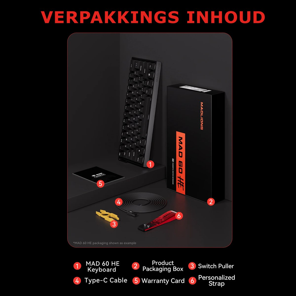 Afbeelding toont toetsenbord, doos, kabel, switch puller, garantiekaart en een bandje. Alle items liggen op een zwart oppervlak.