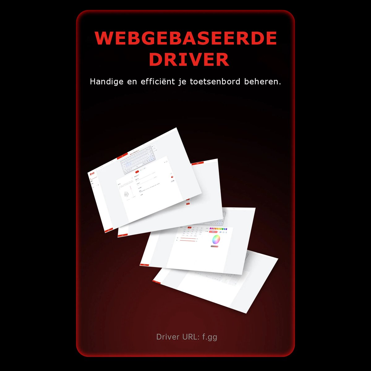 Rode achtergrond met witte webpagina's met toetsenbordbediening. Tekst: Webgebaseerde Driver. Driver URL: f.gg