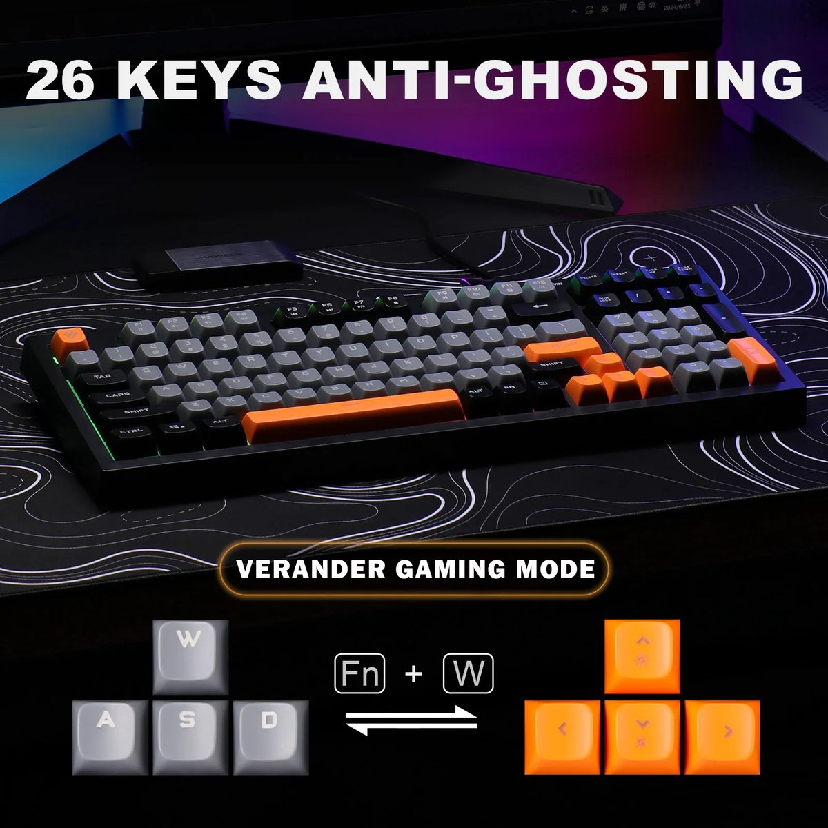 A gaming keyboard with grey and orange keys is displayed. The keyboard is on a black and white patterned mousepad.