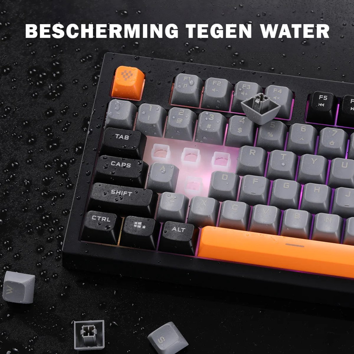 A close-up shot of a black mechanical keyboard with gray and orange keycaps. Some keycaps are removed. Water droplets are visible.