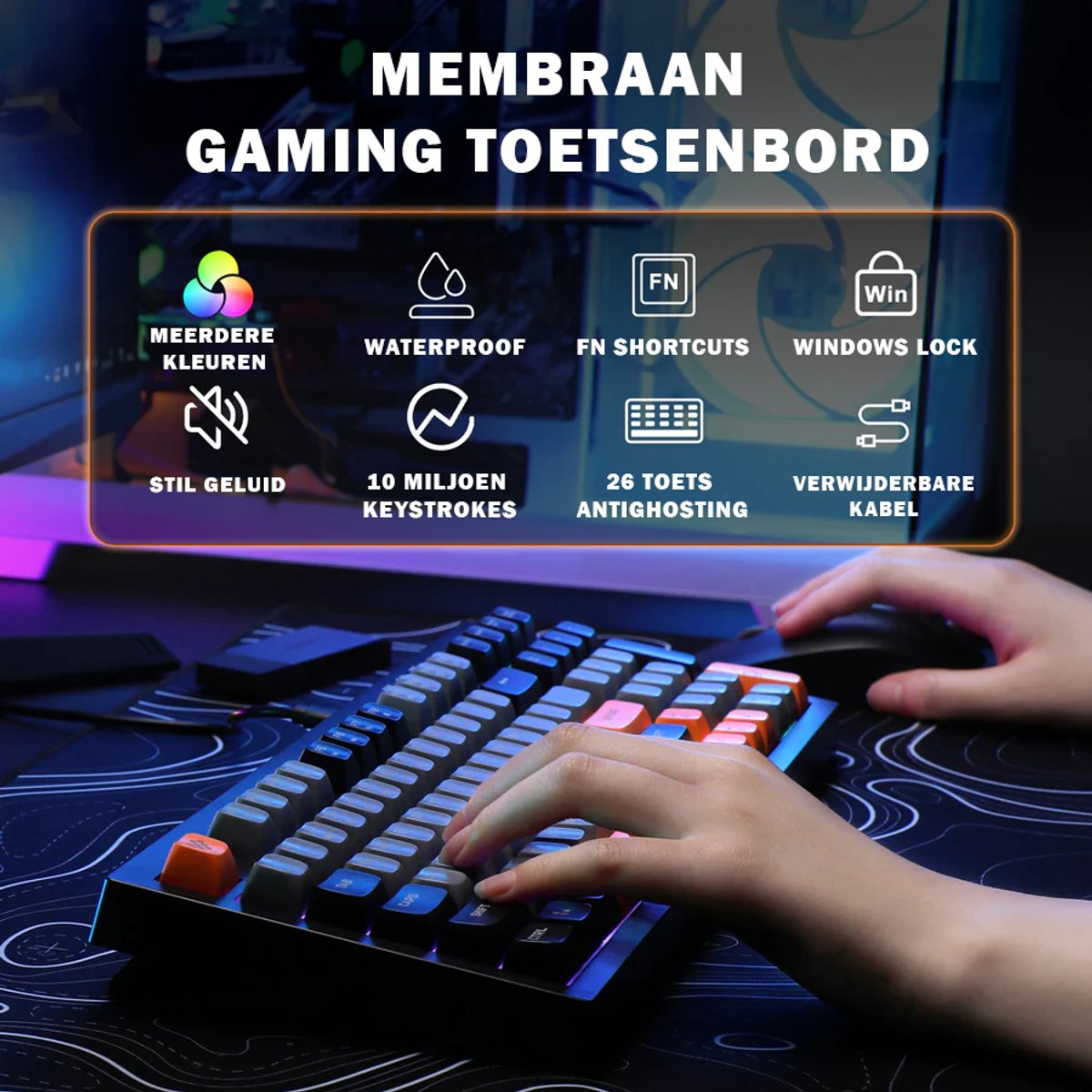 A gaming keyboard with multiple color options, waterproof, and FN shortcuts. A hand is typing on the keyboard.