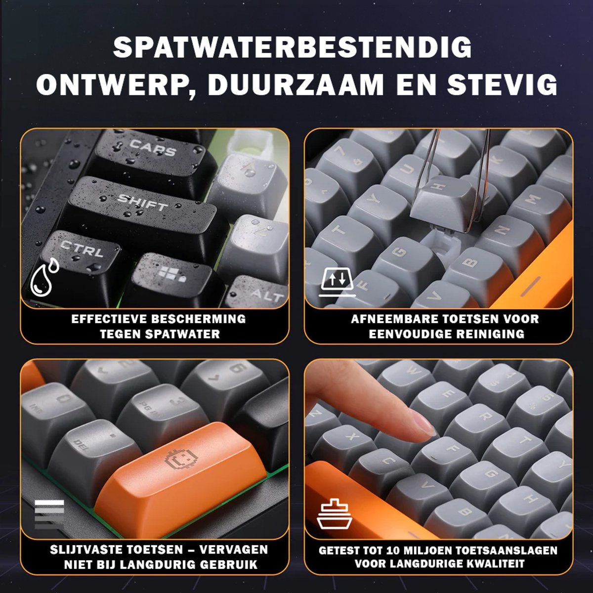 A close-up of a keyboard with four detailed sections. It highlights features like water resistance and durable keys.