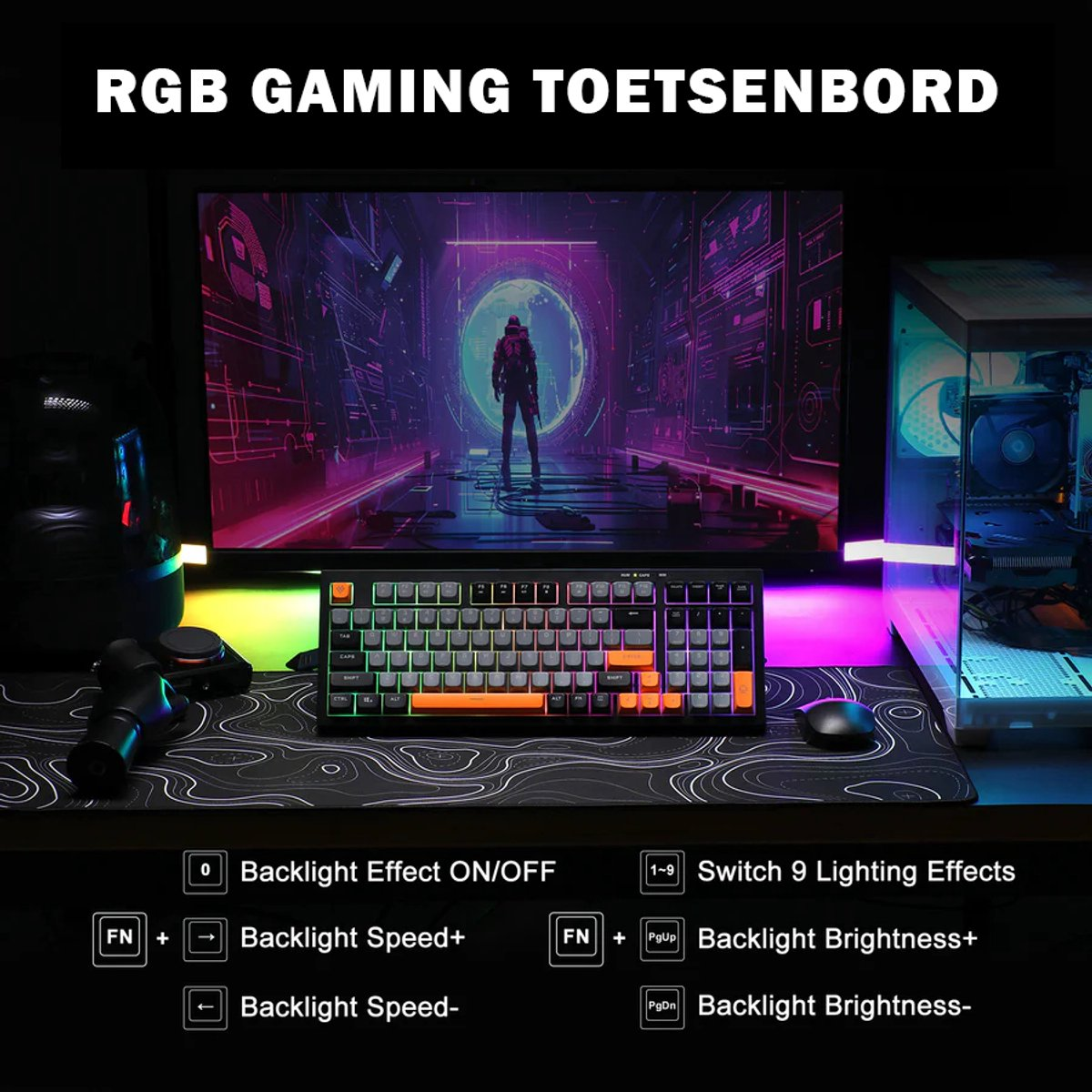 A gaming keyboard with a backlit display, mouse, and PC case are on a desk. The background has a monitor displaying a futuristic scene.